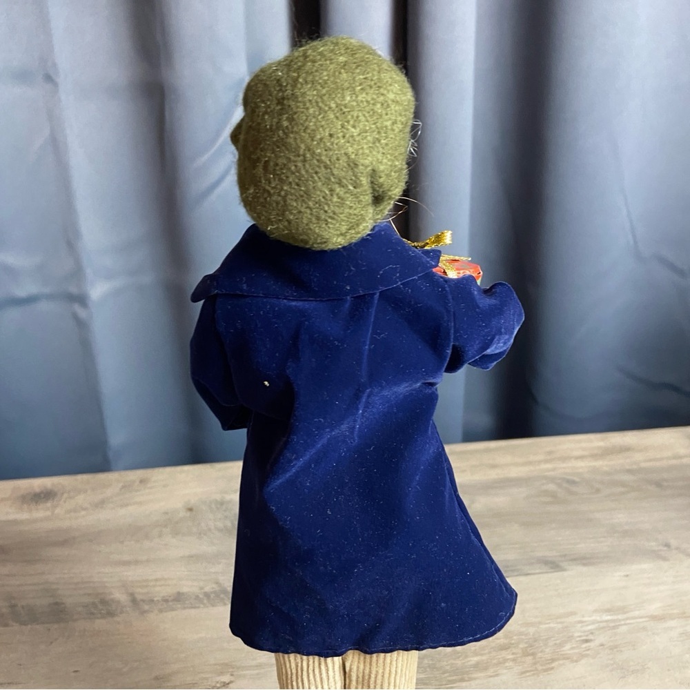 Boy Caroler Figurine with Trumpet and Gift, Blue Velvet Coat - Picture 7 of 12